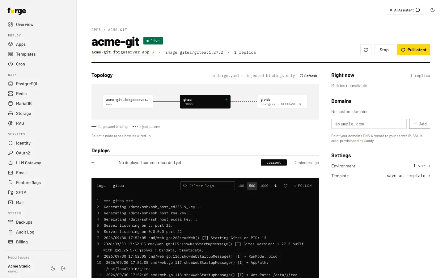 Forge app page for a Gitea app: live badge, a topology diagram linking its URL, container and Postgres database, the deploy history, and its container logs.