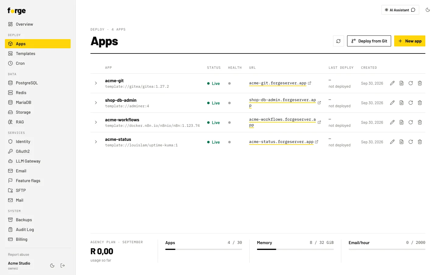 Forge Apps page listing four apps, each live, with its image, public URL and creation date, and the plan's usage and limits below.