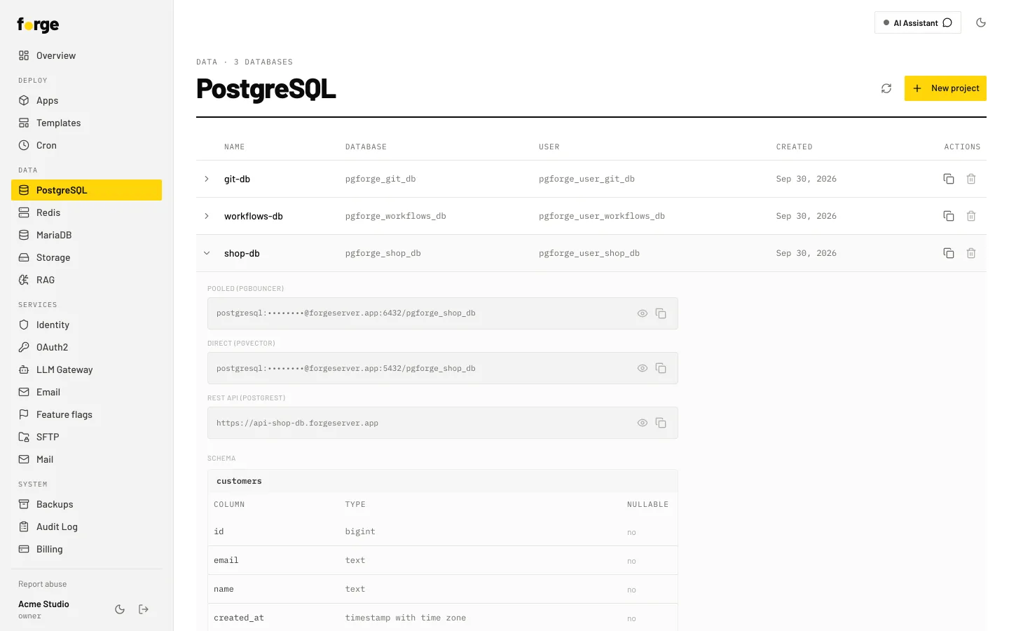 Forge PostgreSQL page with a database expanded: pooled and direct connection strings with the password masked, a REST API URL, and its table schema.